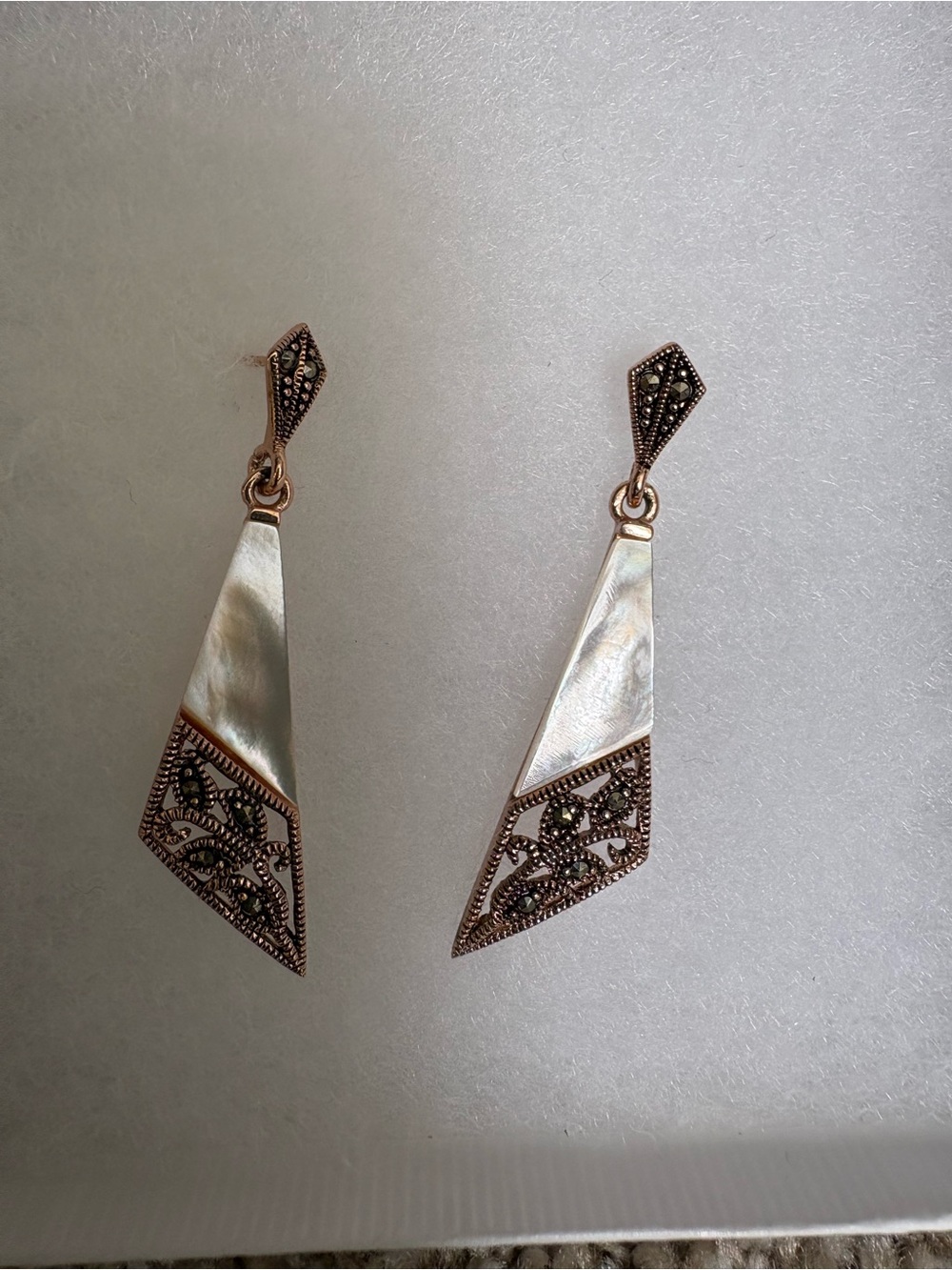 Marcasite and Mother of Pearl Geometric Drop Earrings - White